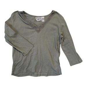Keren Hart Boho Sage Green Crochet Beaded V-Neck 3/4 Sleeve Cotton Top Small